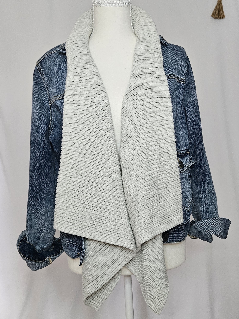 Abercrombie & Fitch Denim Jacket Waterfall Knit Cardigan Size L Boho